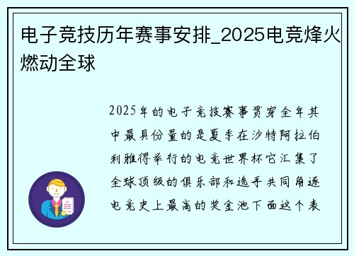 电子竞技历年赛事安排_2025电竞烽火燃动全球